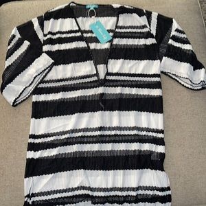 Striped Black & White V-Neck Swim Coverup
